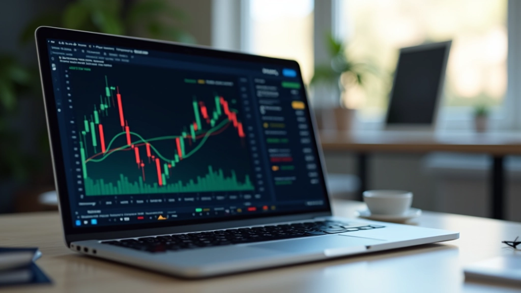 Écran portable affichant un graphique boursier avec analyse technique, environnement de formation moderne, lignes de tendance visibles