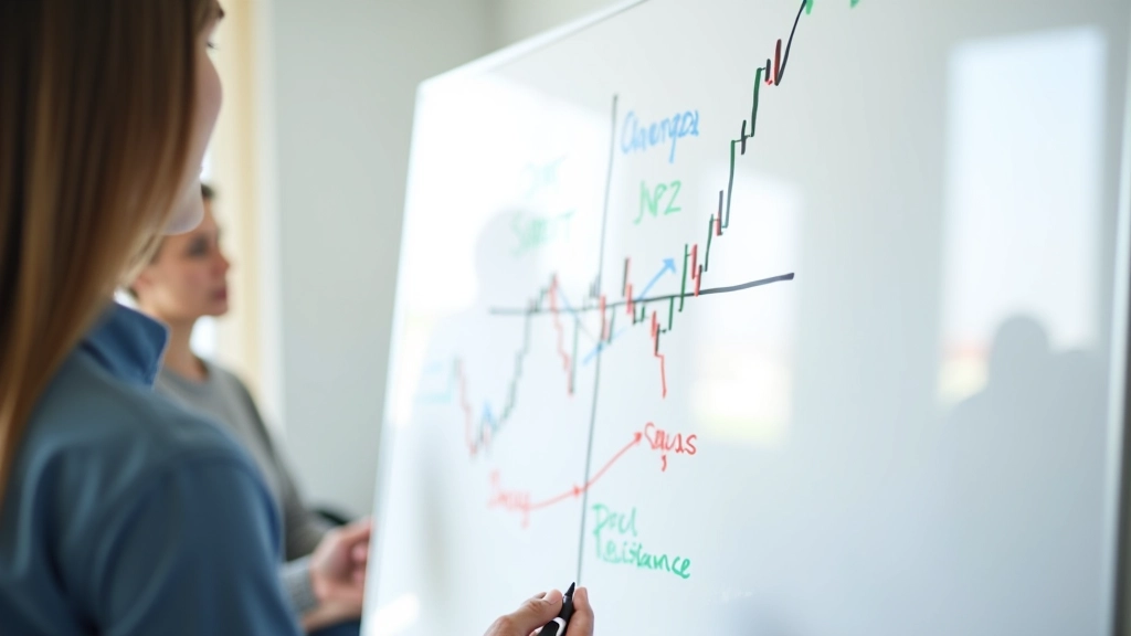 Tableau blanc avec diagramme dessiné à la main montrant les niveaux de support et résistance